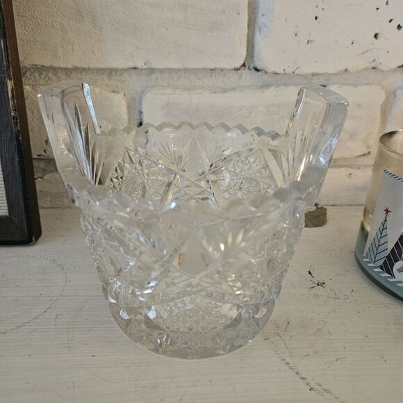 American Brilliant Period HOBSTAR‎ DIAMOND Cut Glass Tab Handle Ice Bucket - Picture 1 of 10